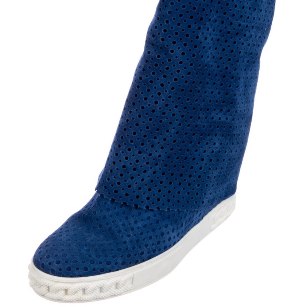 Casadei Blue Suede Perforated Wedge Sneaker Boots with White Soles